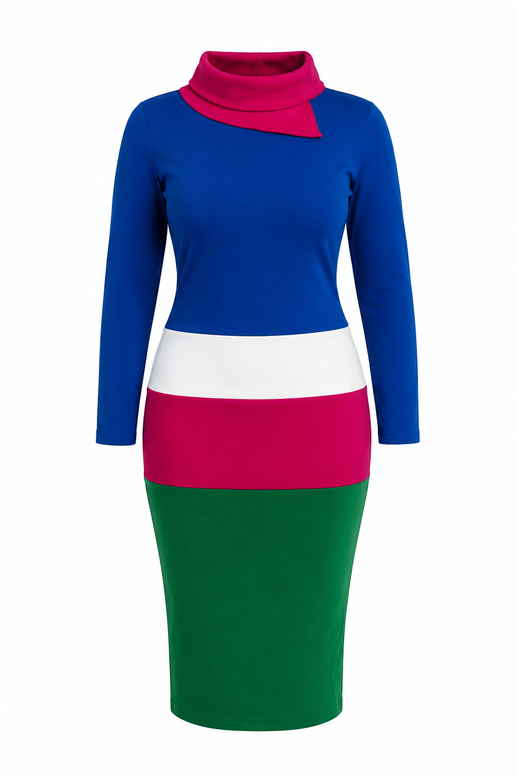 Color Block Asymmetrical Cowl Neck Bodycon Midi Dress – Women's Long Sleeve Elegant Dress - Midi Dresses - Cherubim Aura