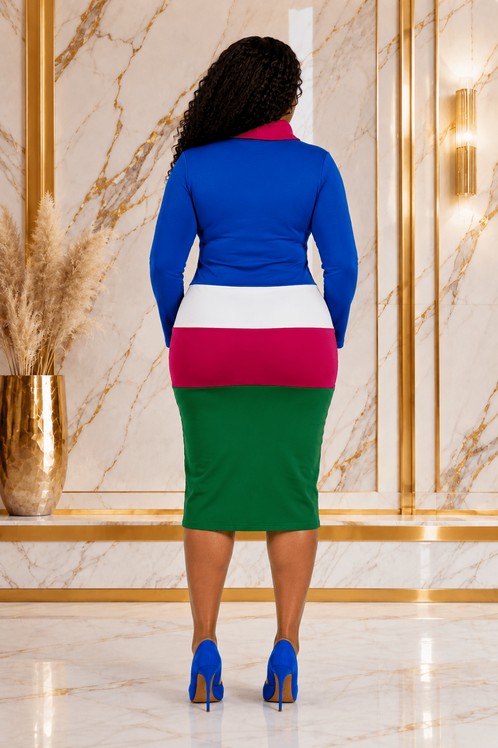 Color Block Asymmetrical Cowl Neck Bodycon Midi Dress – Women's Long Sleeve Elegant Dress - Midi Dresses - Cherubim Aura