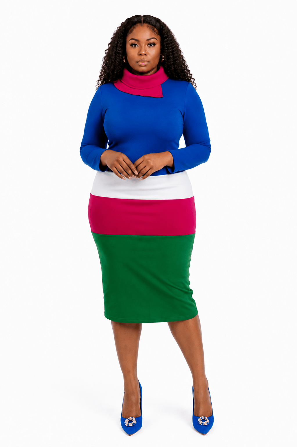 Color Block Asymmetrical Cowl Neck Bodycon Midi Dress – Women's Long Sleeve Elegant Dress - Midi Dresses - Cherubim Aura