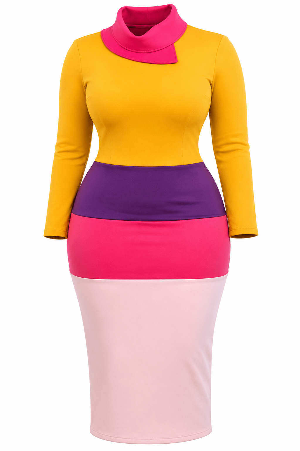 Color Block Asymmetrical Cowl Neck Bodycon Midi Dress – Women's Long Sleeve Elegant Dress - Midi Dresses - Cherubim Aura