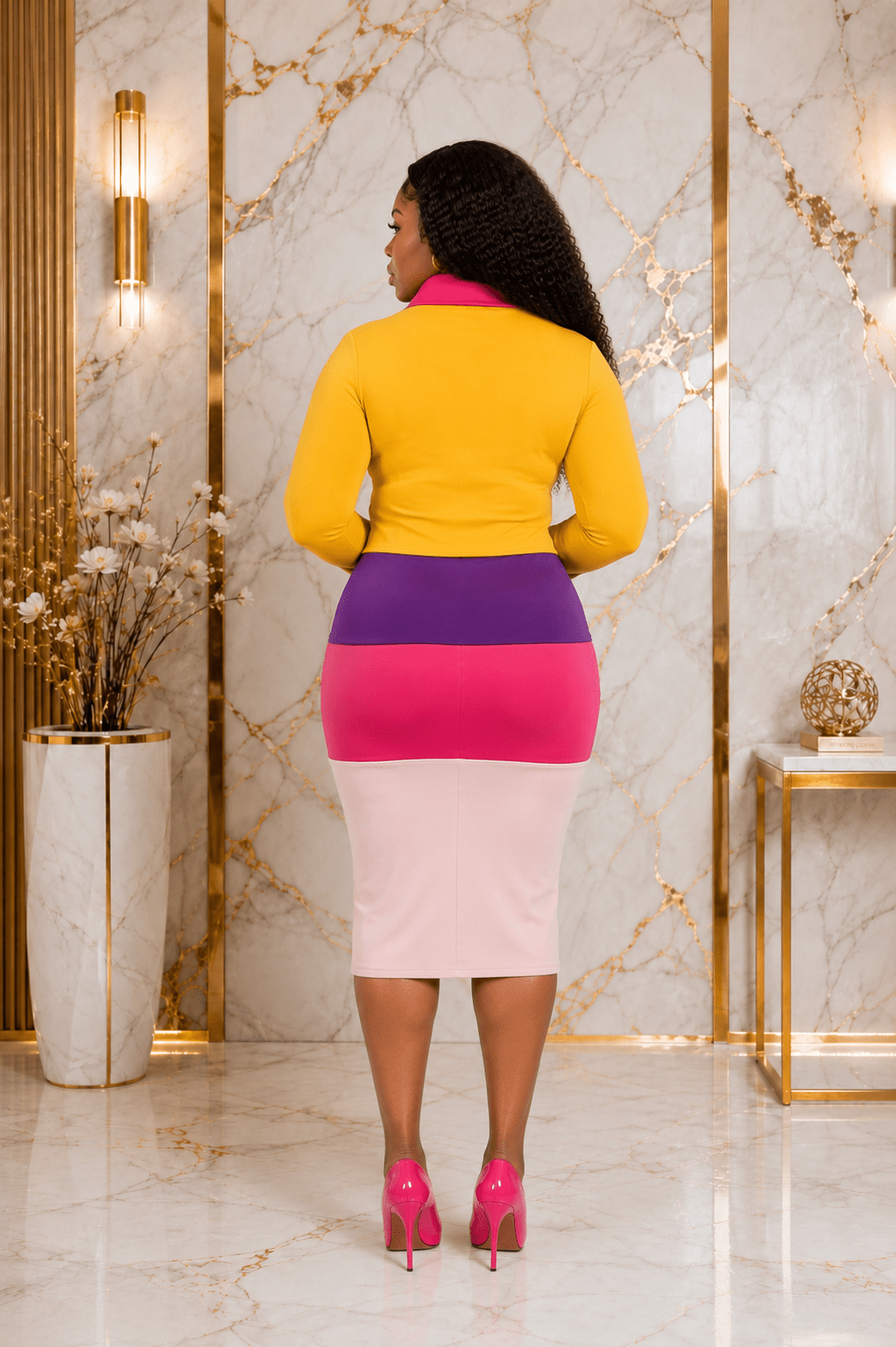 Color Block Asymmetrical Cowl Neck Bodycon Midi Dress – Women's Long Sleeve Elegant Dress - Midi Dresses - Cherubim Aura