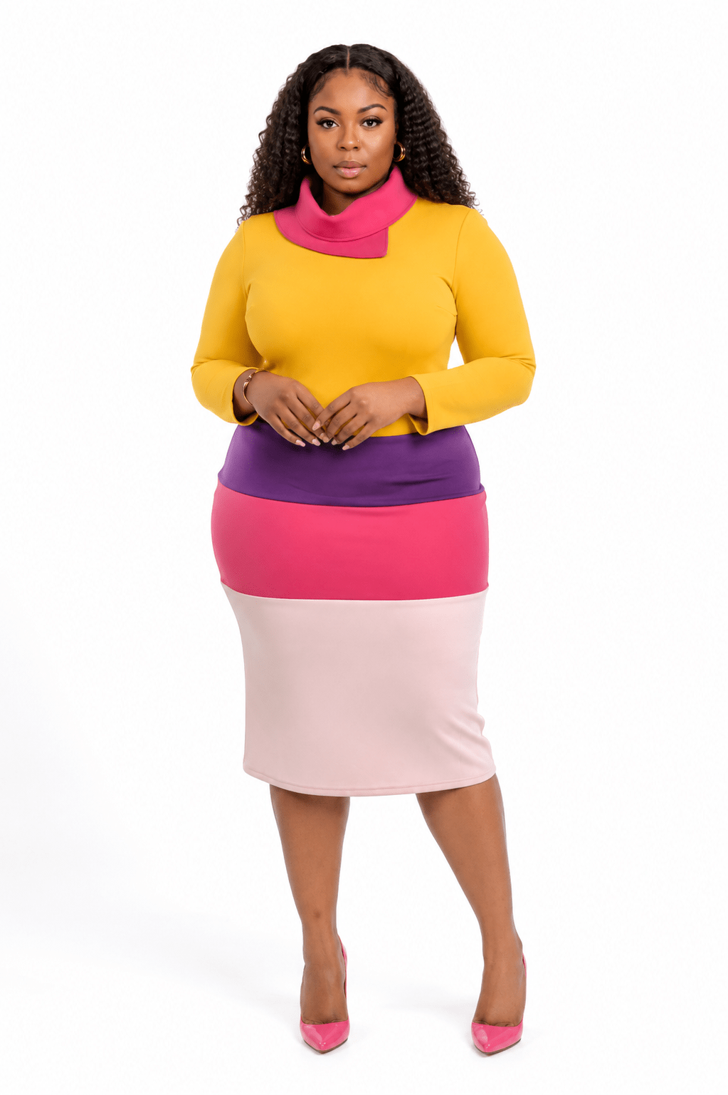 Color Block Asymmetrical Cowl Neck Bodycon Midi Dress – Women's Long Sleeve Elegant Dress - Midi Dresses - Cherubim Aura