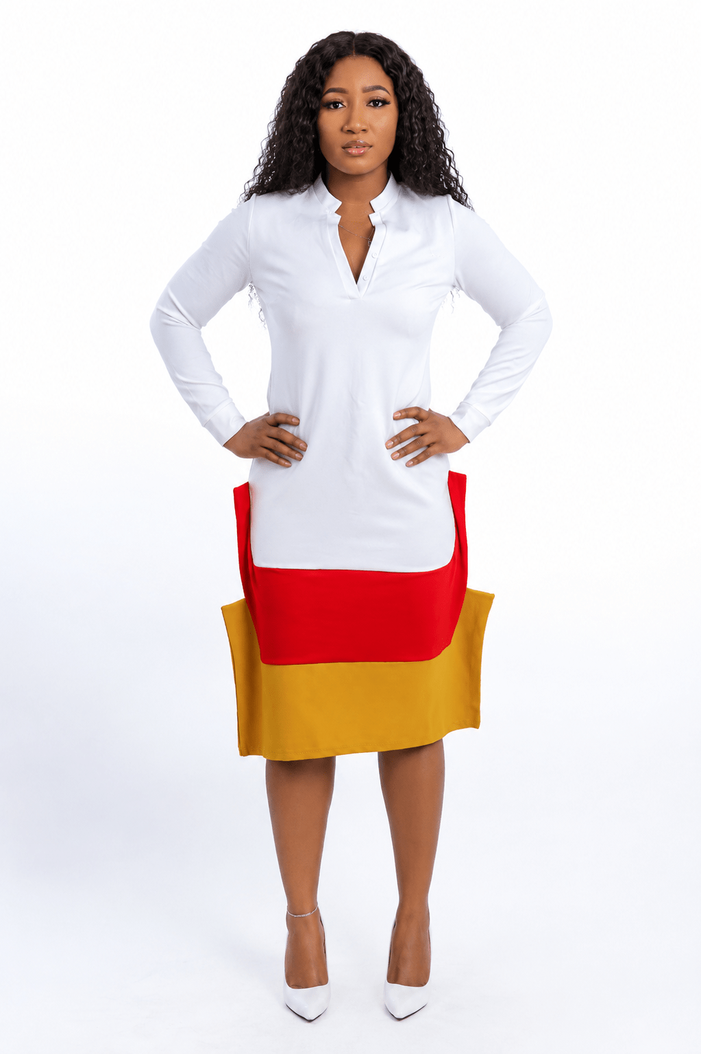 Color Block Long Sleeve Pocket Midi Dress – Women's Mandarin Collar Casual Shift Dress - Mini Dress - Cherubim Aura