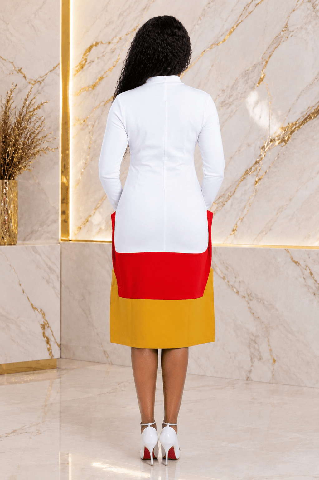 Color Block Long Sleeve Pocket Midi Dress – Women's Mandarin Collar Casual Shift Dress - Mini Dress - Cherubim Aura