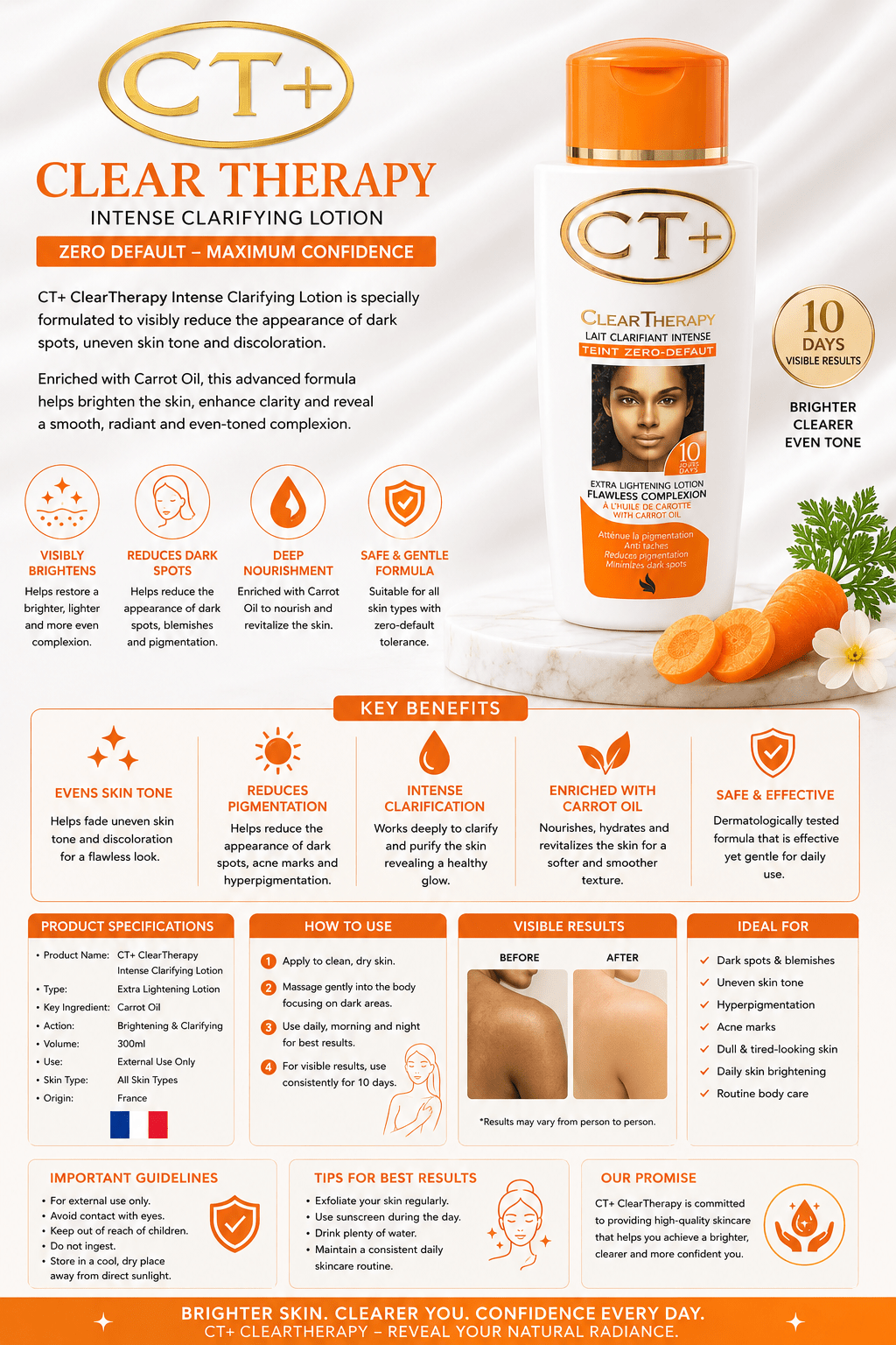 CT+ Clear Therapy Intense Clarifying Lotion with Carrot Oil | Extra Lightening Body Lotion | Flawless Complexion | 250ml - Body Lotion - Cherubim Aura