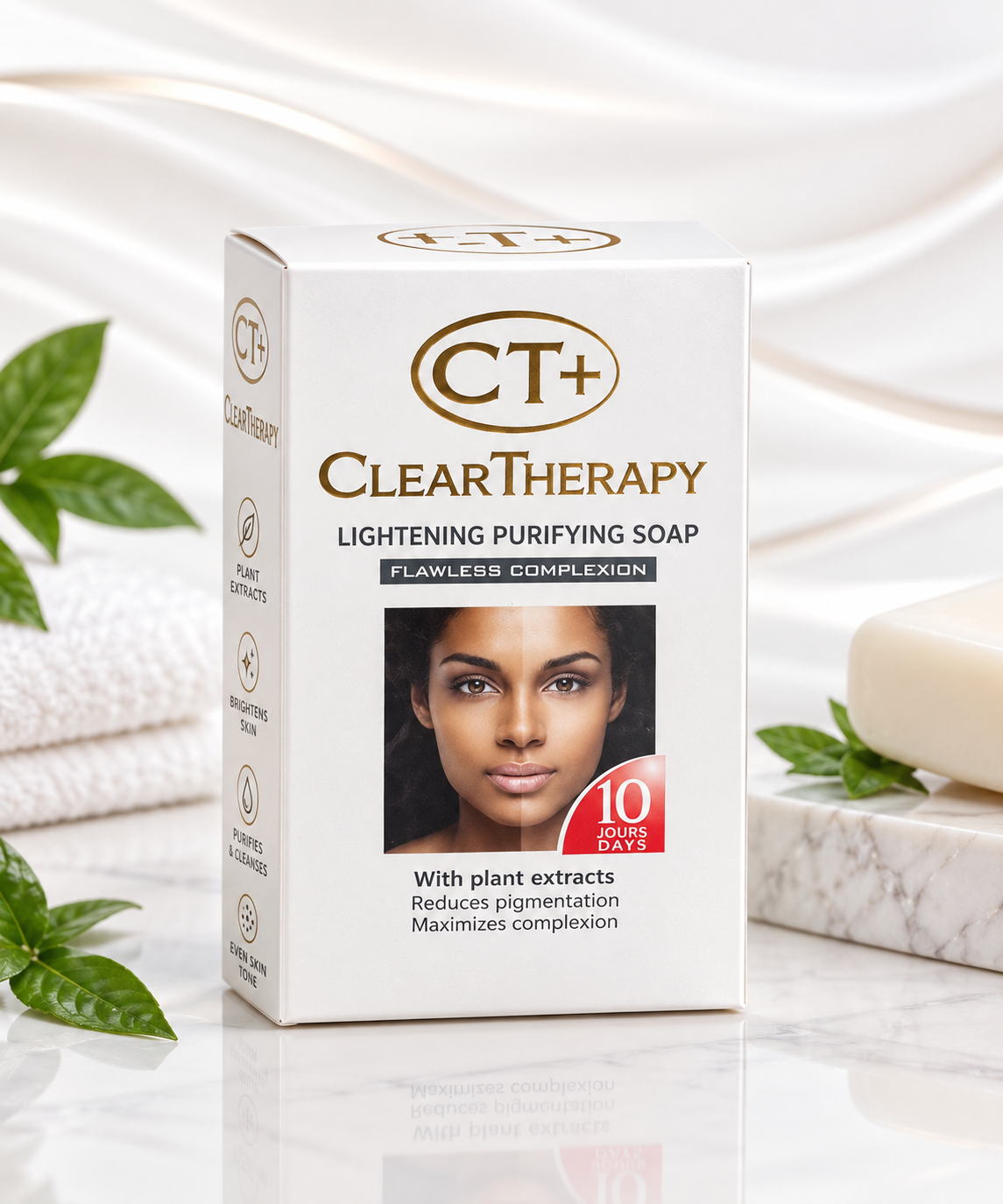 ClearTherapy CT+ Lightening Purifying Soap box packaging, shown on a white marble surface with a bar of soap and green leaves in the background.