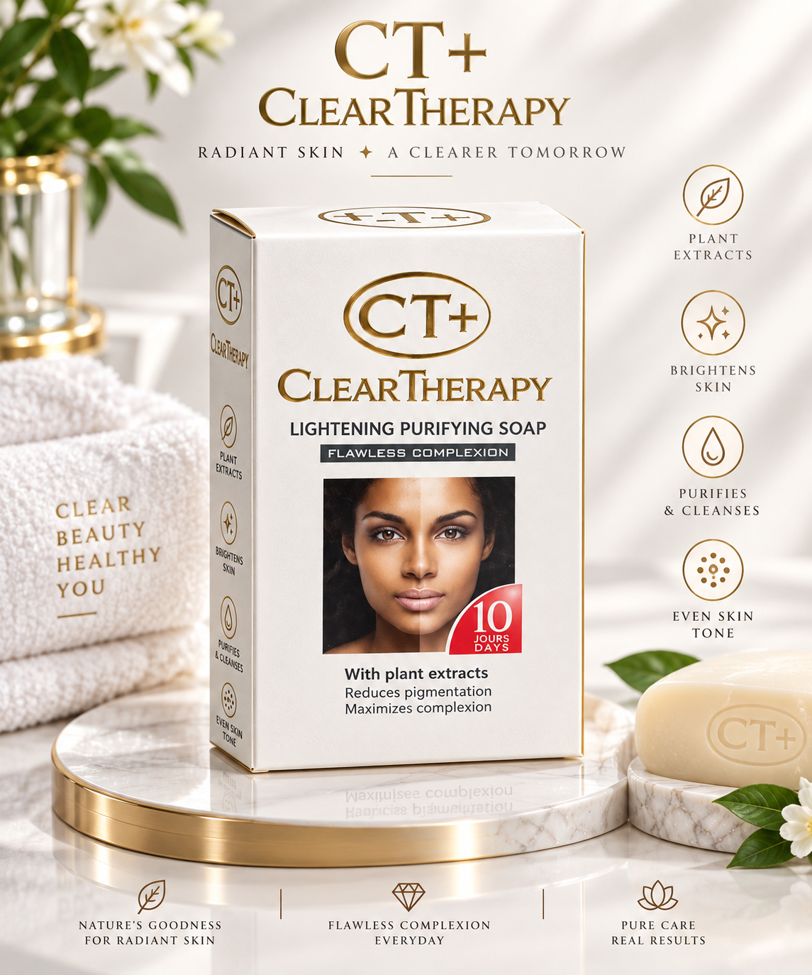 CT+ Clear Therapy Lightening Purifying Soap box shown on a marble pedestal with decorative skincare props and text callouts on a bright white background.