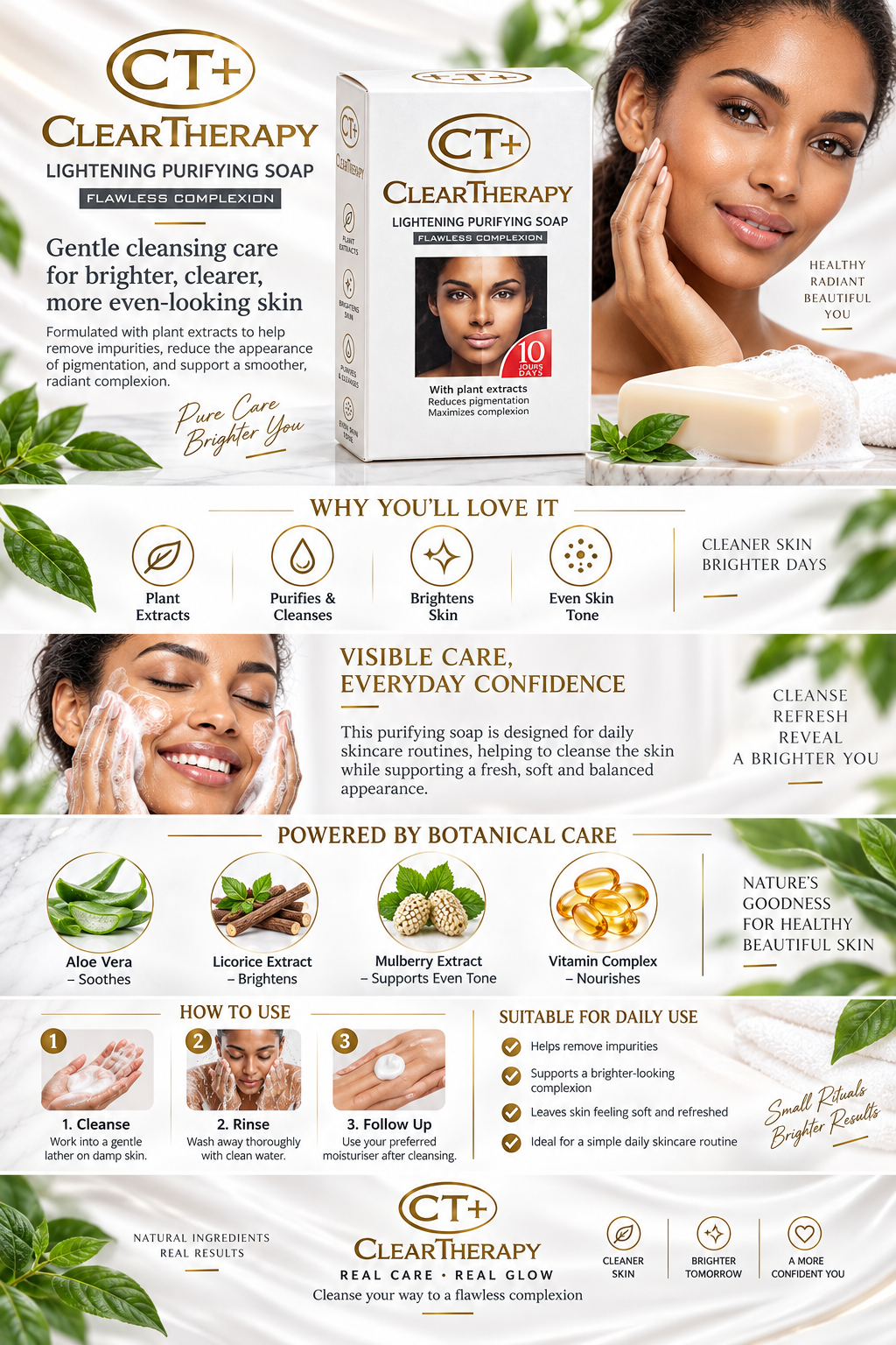 A full-page marketing infographic for ClearTherapy Lighting Purifying Soap, featuring product packaging, model photos, botanical illustrations, and step-by-step usage instructions.