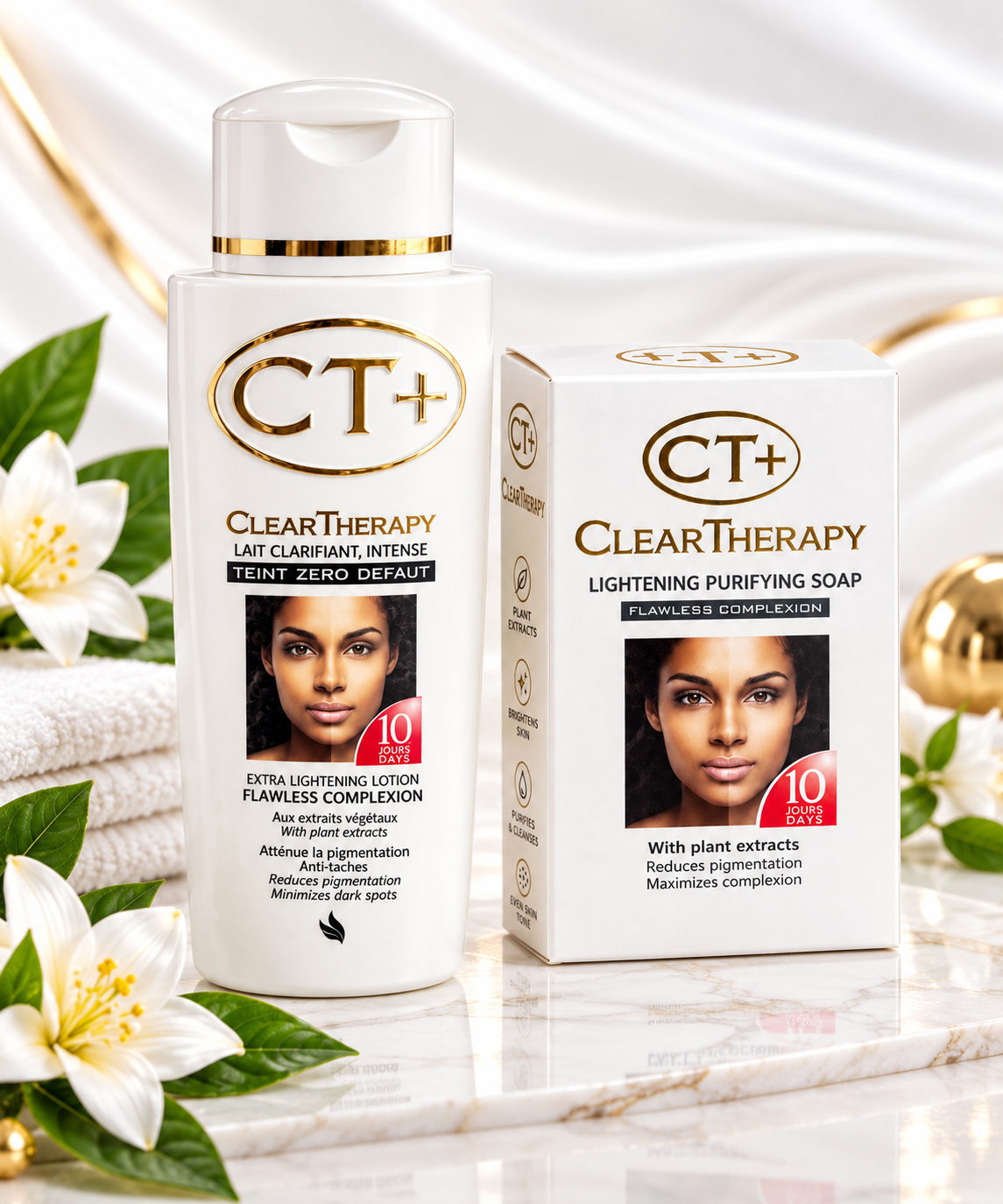 CT+ ClearTherapy Lightening Purifying Soap bottle and matching box displayed on a marble surface with white flowers and draped satin fabric in the background.