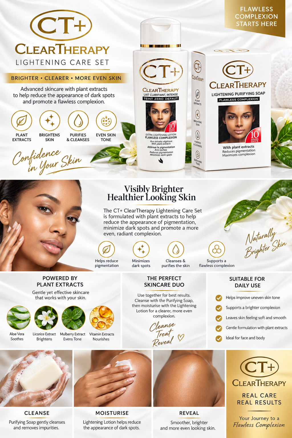 ClearTherapy CT+ Lightening Care Set promotional graphic showing the white and gold skincare bottle, cream jar, and box, with multiple before/after skin photos and feature callouts about plant extracts, brightening, and daily use.