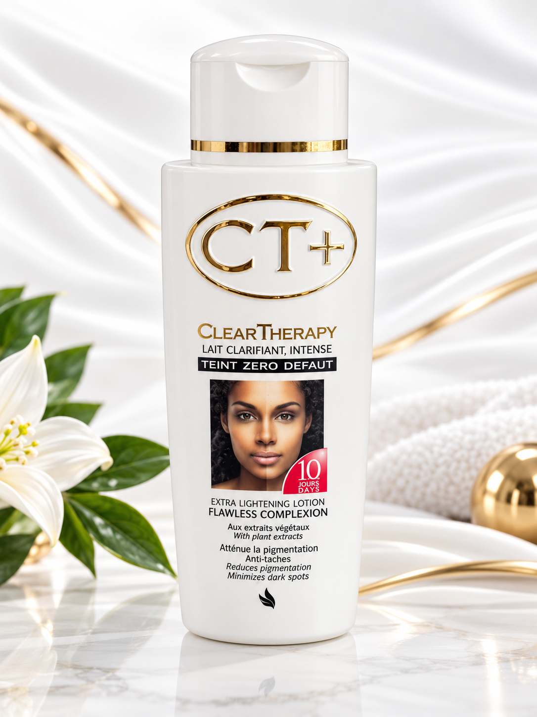 A bottle of ClearTherapy CT+ Teint Clarifiant Intense lightening lotion, shown on a marble surface with white satin fabric, gold accents, and a white lily flower.