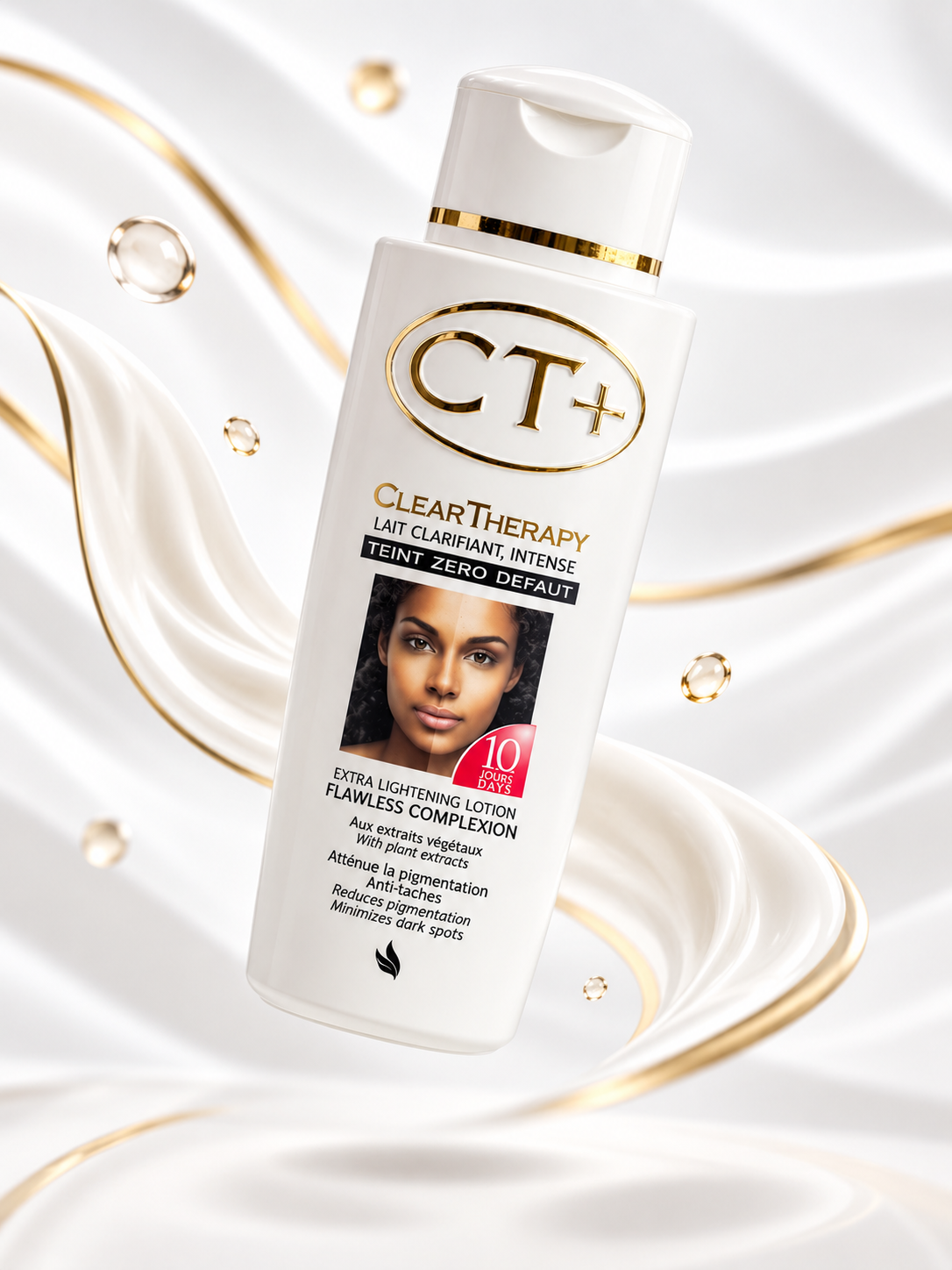 A bottle of CT+ ClearTherapy Flawless Lotion floating on a white and gold abstract liquid background with decorative droplets.