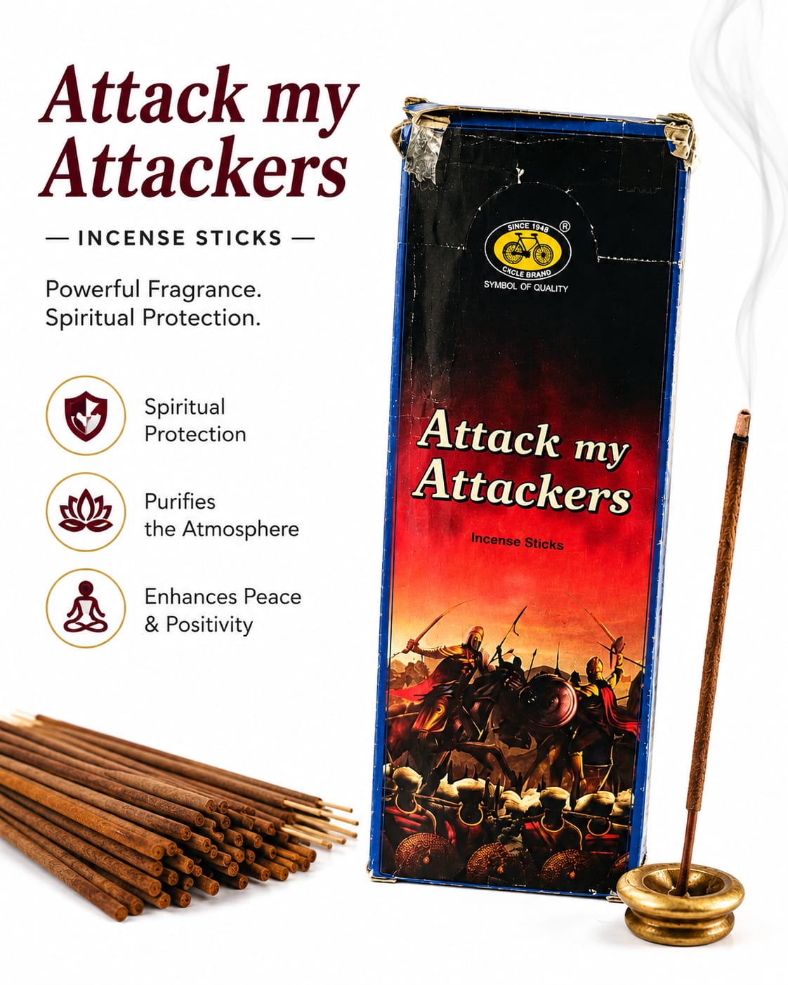Cycle Brand Attack My Attackers Premium Incense Sticks | 20 Slow-Burning Aromatic Incense for Prayer, Meditation & Home Fragrance - Incense - Cherubim Aura