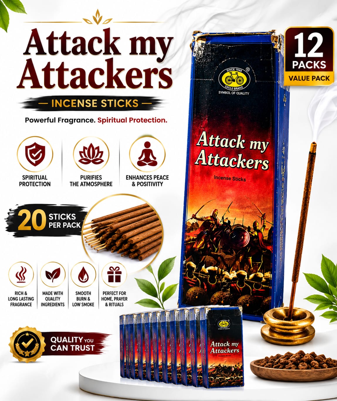 Cycle Brand Attack My Attackers Premium Incense Sticks | 20 Slow-Burning Aromatic Incense for Prayer, Meditation & Home Fragrance - Incense - Cherubim Aura