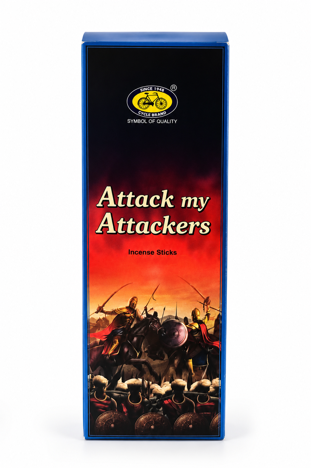 Box of 'Attack my Attackers' incense sticks with warrior design on a white background
