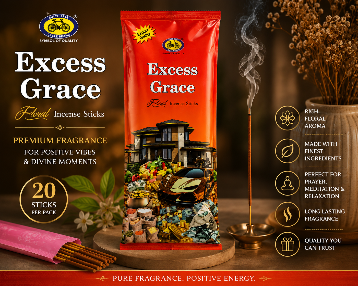 Excess Grace Floral Incense Sticks | Premium Slow-Burning Incense for Prayer, Meditation & Home Fragrance