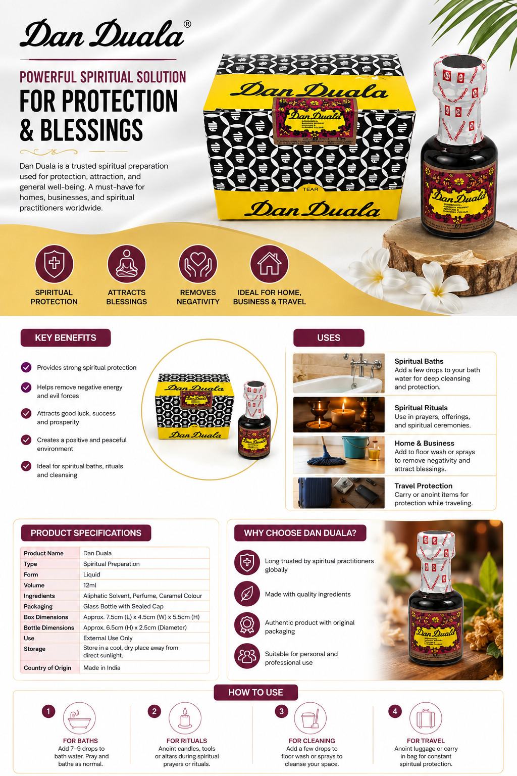 A promotional infographic for Dan Duala Spiritual Solution, featuring a bottle of Sacred Ritual Oil, its patterned box, and multiple informational panels detailing benefits, usage, and key features on a white background.