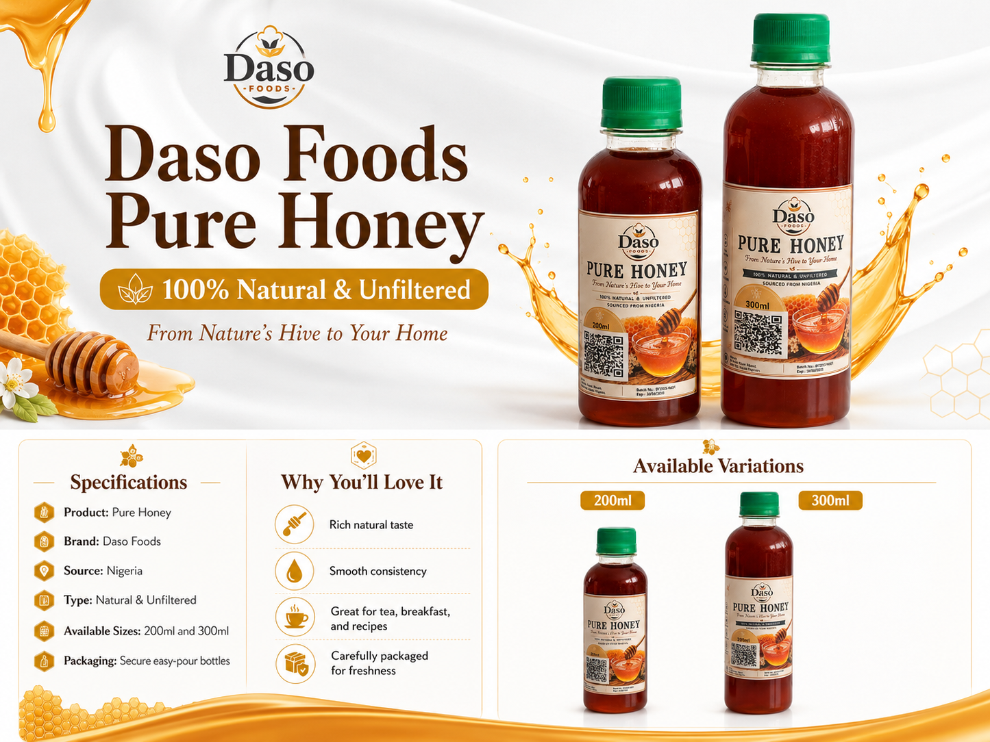 Daso Foods Pure Nigerian Honey — 100% Raw, Unfiltered & Unpasteurised | Ethically Sourced from Nigeria's Floral Landscapes | 250ml