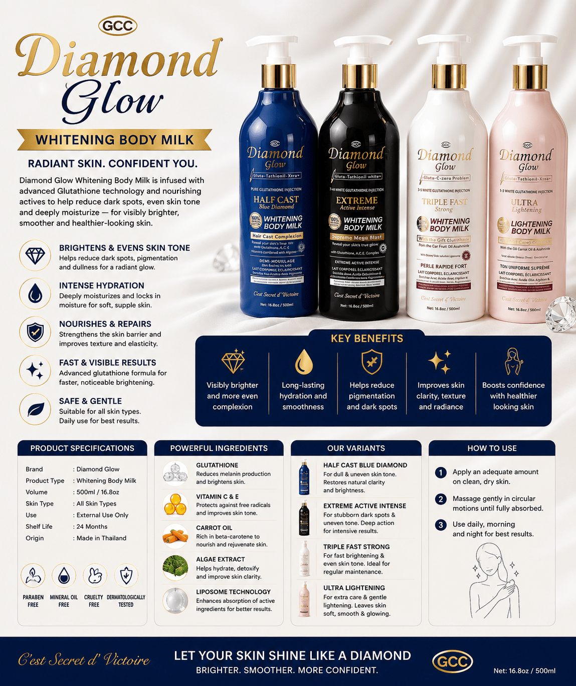 Diamond Glow Whitening Body Milk 500ml – Brightening & Moisturising Body Lotion – 4 Variants - Skincare - Cherubim Aura