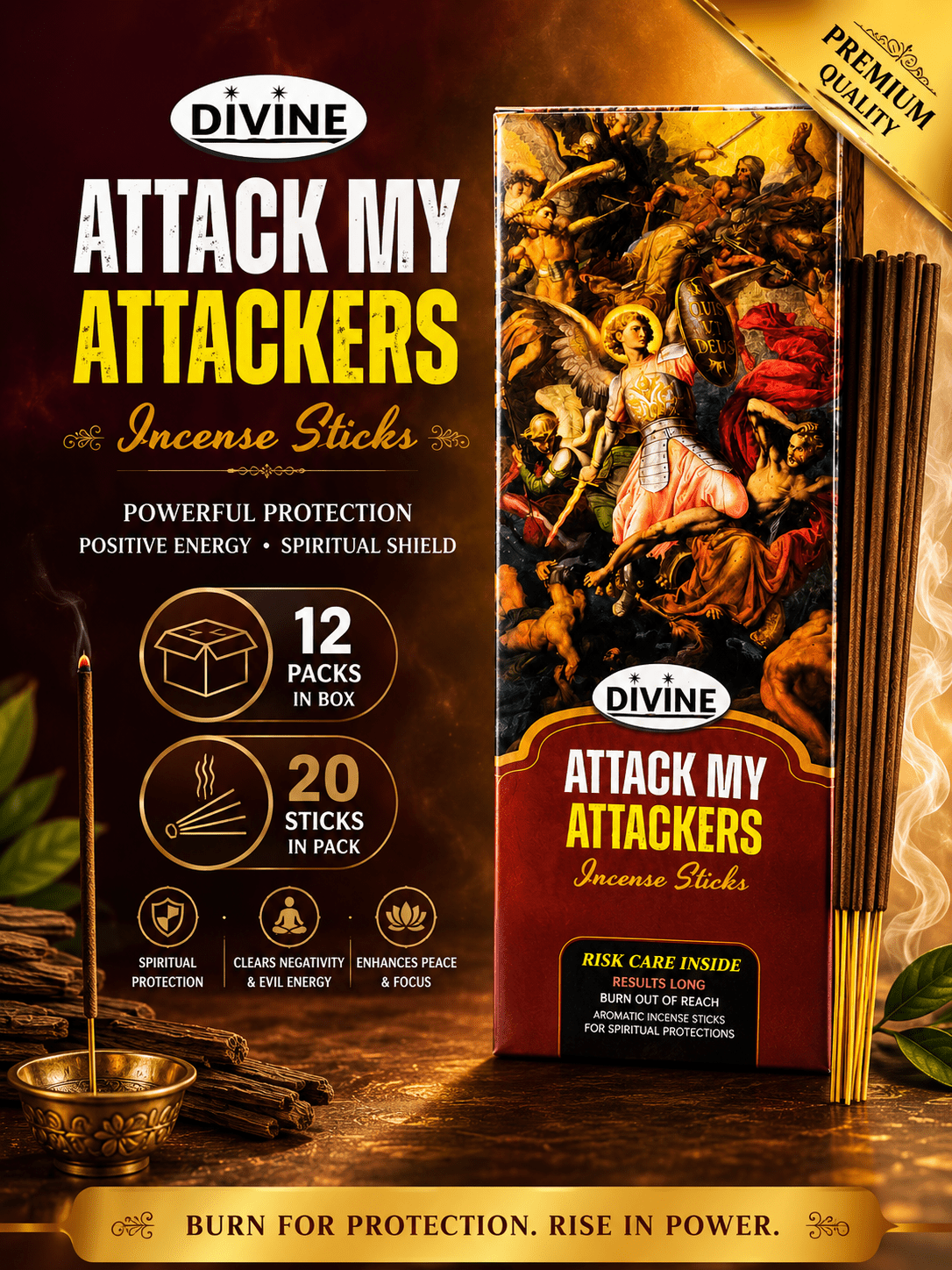 Divine "Attack My Attackers" Incense Sticks (20 Sticks) – Premium Home Fragrance & Prayer Incense - Incense - Cherubim Aura