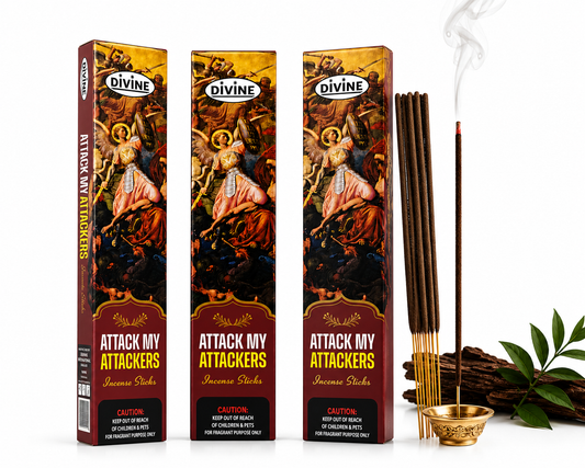 Divine incense sticks pack, three boxes with Attack My Attackers label and sticks