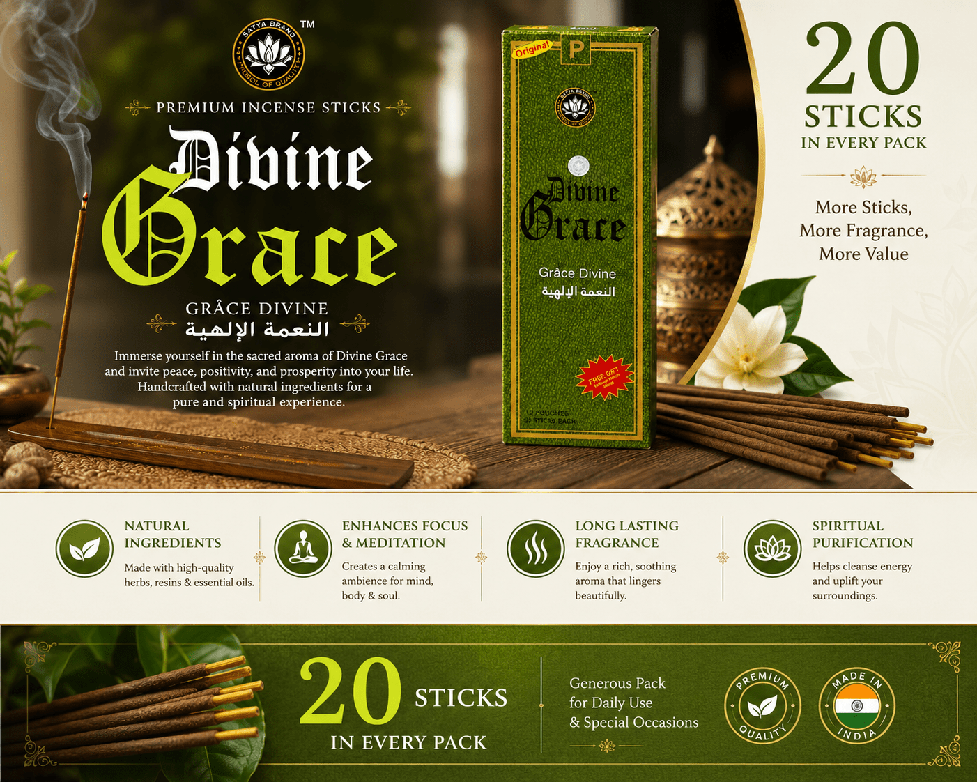 Divine Grace Premium Incense Sticks | 20 Slow-Burning Aromatic Incense for Prayer, Meditation & Home Fragrance - Incense - Cherubim Aura
