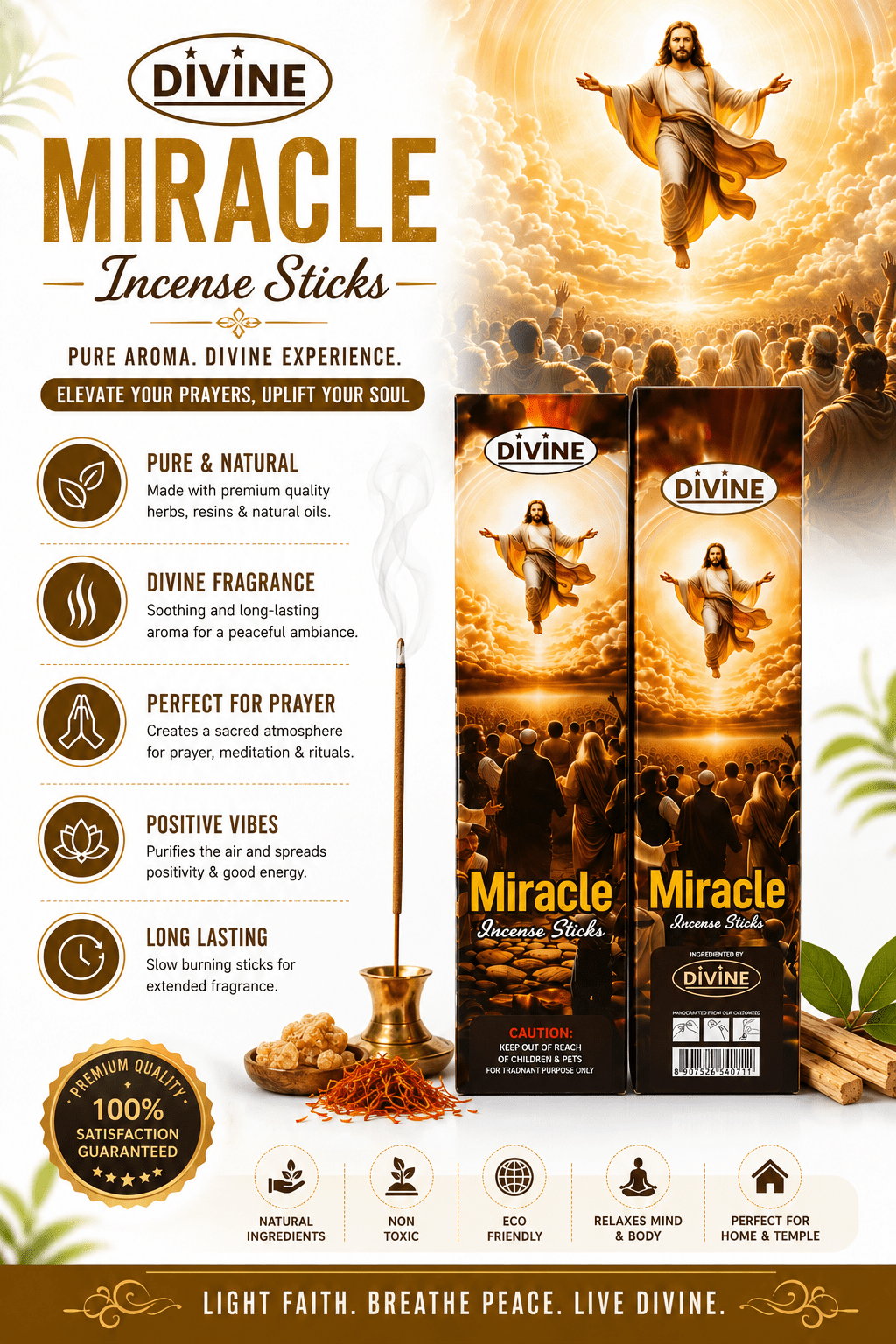 Divine Miracle Premium Incense Sticks | 20 Slow-Burning Aromatic Incense for Prayer, Meditation & Home Fragrance - Incense - Cherubim Aura
