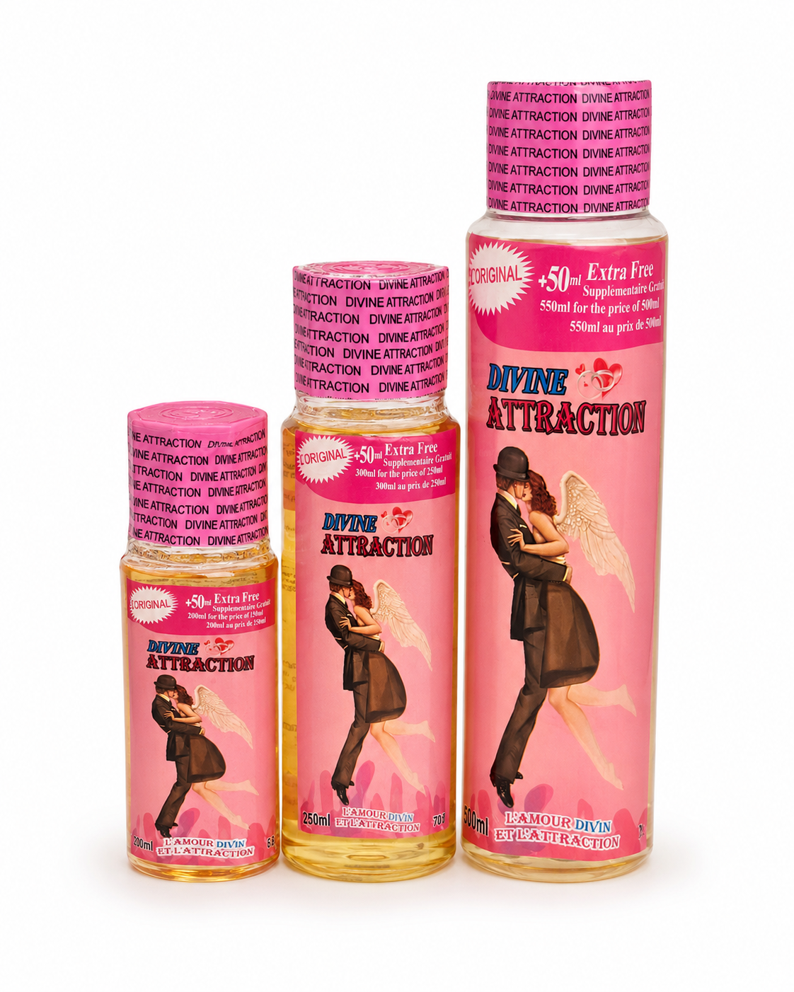 Three pink bottles of Divine Attraction oil in different sizes, arranged against a plain white background. The bottles feature a consistent label design with an illustration of a man and angel holding each other, and the brand name 'Divine Attraction' prominently displayed.