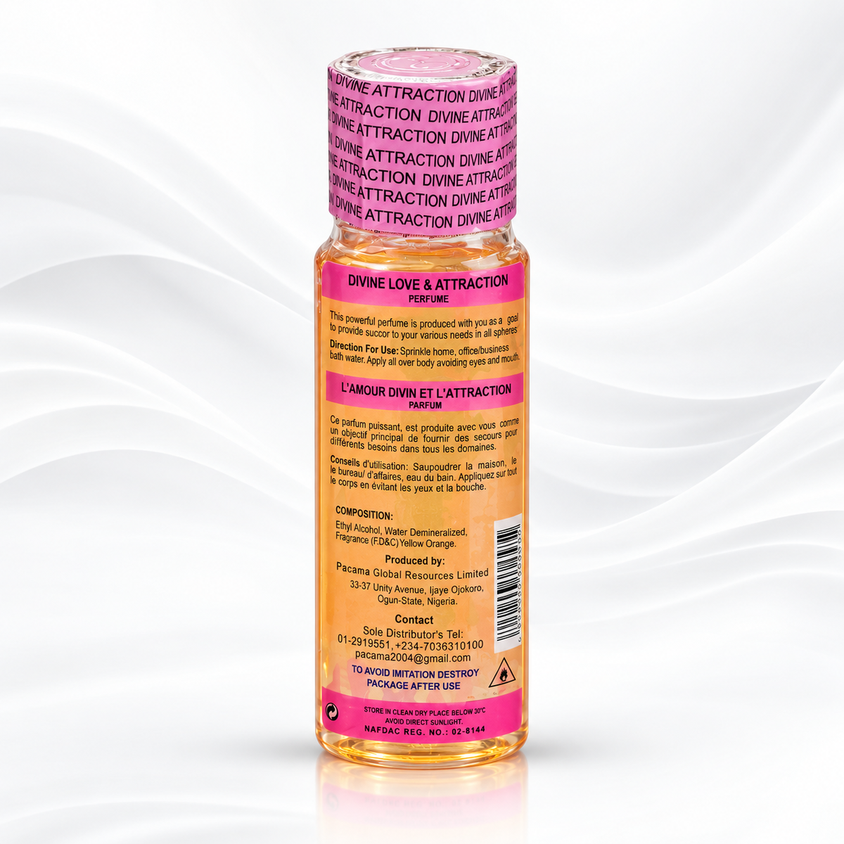 A small clear bottle filled with orange liquid, shown upright on a white background with abstract white wave shapes. The bottle has a pink cap and a pink label with black text reading 'DIVINE LOVE & ATTRACTION PURPLE'.