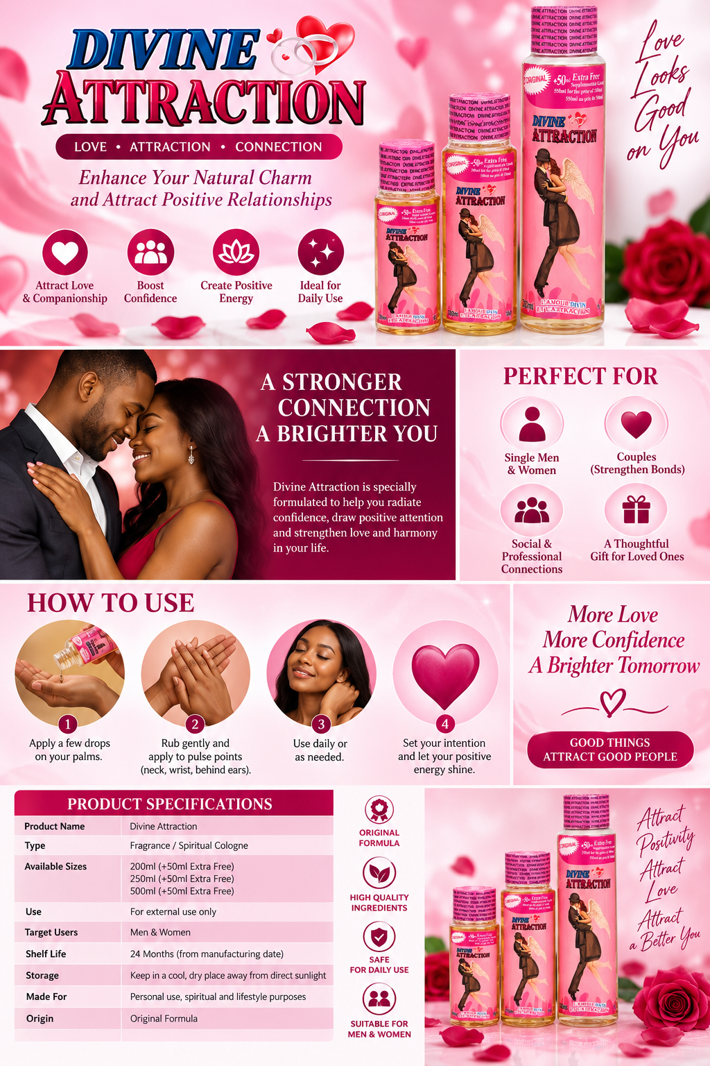 A pink promotional flyer for Divine Attraction essential oils, featuring product bottles, instructional text, usage tips, and illustrations of couples and hearts.
