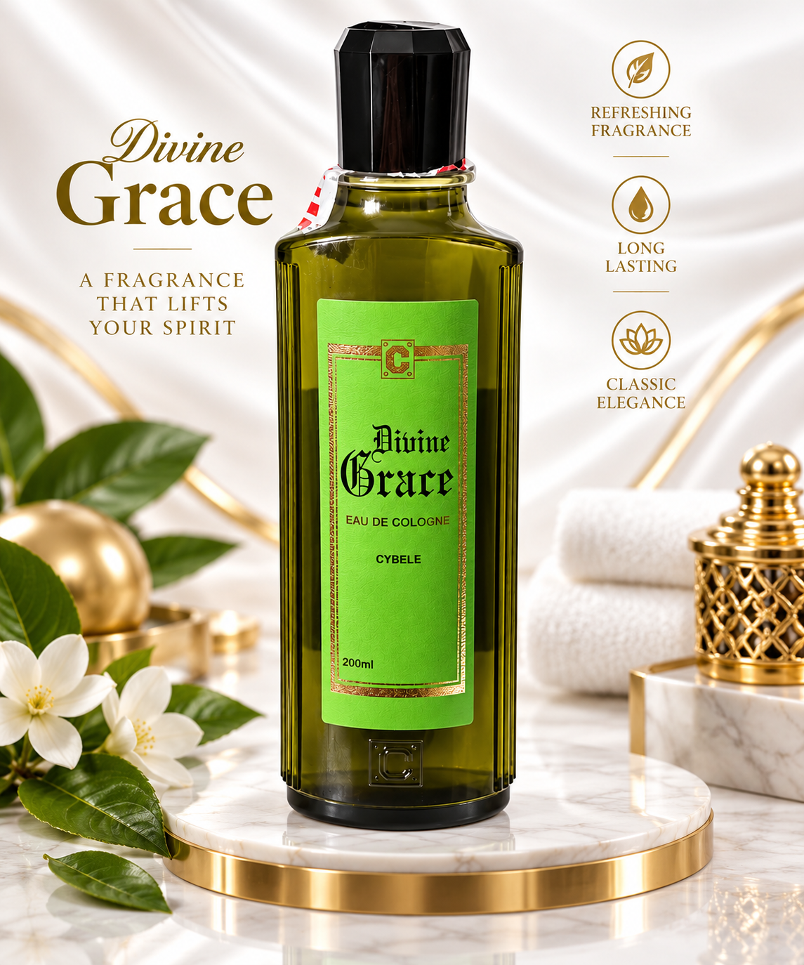 A 250ml bottle of Divine Grace Eau de Parfum centered on a marble pedestal with gold trim. The bottle is olive green glass with a black cap and a green label.