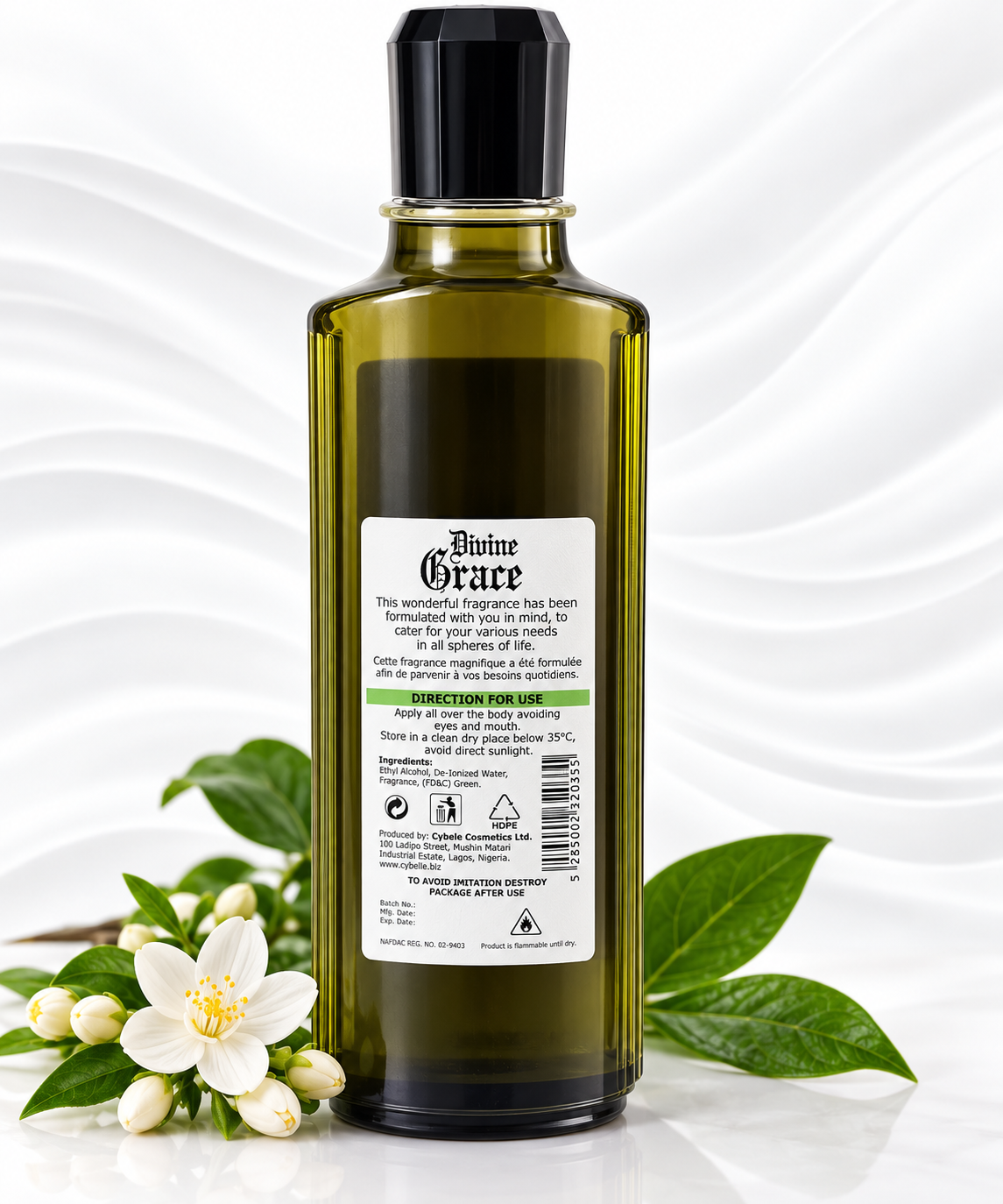 A bottle of Blute Grace Jasmine Hair Conditioner shown from the back, featuring a white label with black text and a black cap. The bottle is flanked by fresh white jasmine flowers and green leaves on a white background with soft, elegant fabric folds.
