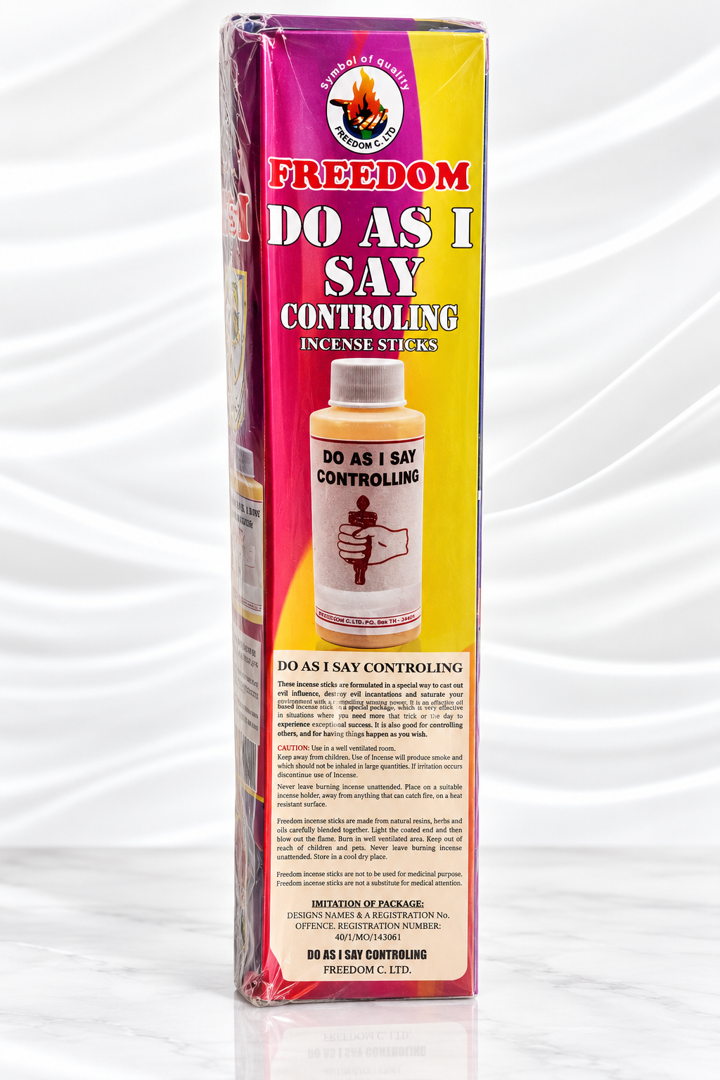A boxed bottle of Freedom Do As I Say Controlling Incense Sticks by Freedom C. Co.