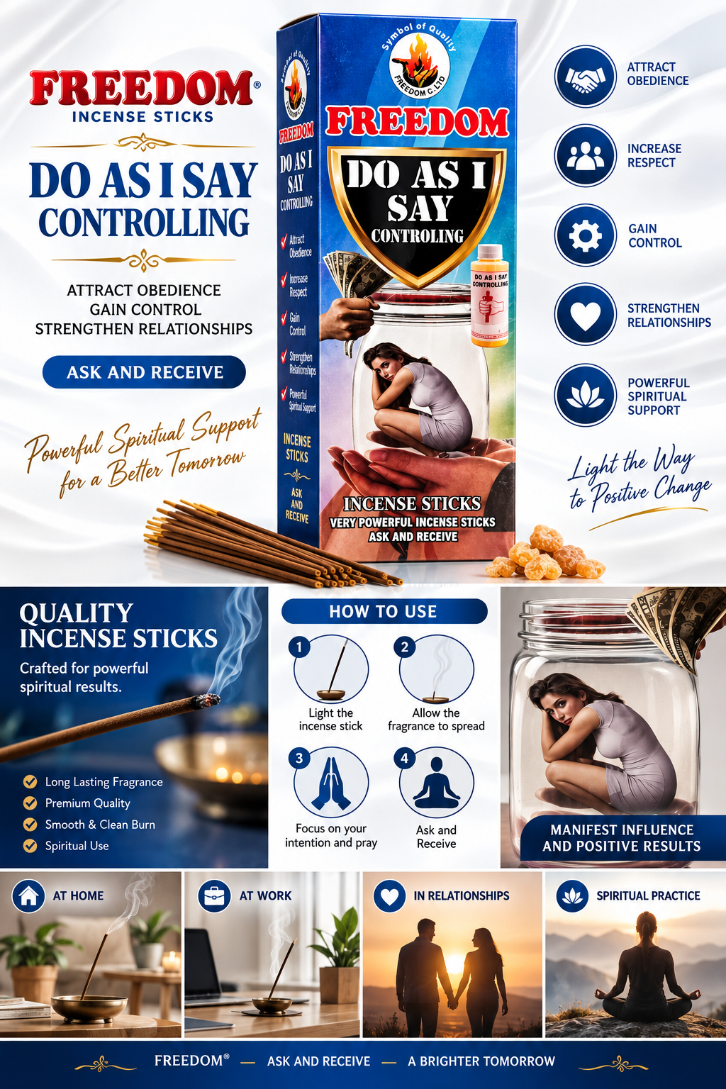 A promotional graphic for Freedom Incense Sticks showing the retail box, loose incense sticks, and multiple benefit icons. The box is blue and red with a central photo of a couple embracing.
