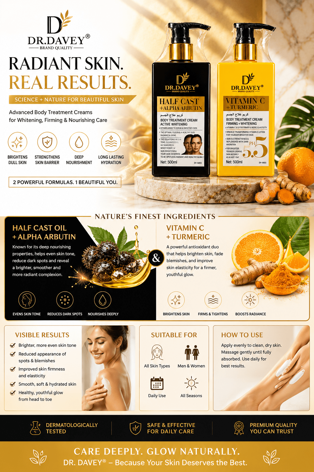 Dr. Davey Body Treatment Cream Bundle | Half Cast + Alpha Arbutin & Vitamin C + Turmeric | Brightening & Firming Body Cream | 500ml Each - Cream - Cherubim Aura