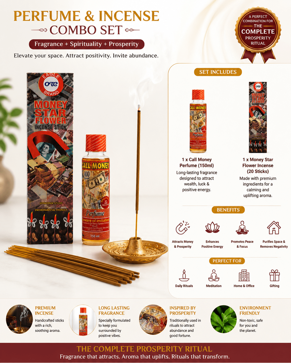 Eagle Brand Money Star Flower Premium Incense & Call Money Cologne Bundle | 150ml Fragrance Cologne with 20 Premium Incense Sticks - Bundle - Cherubim Aura
