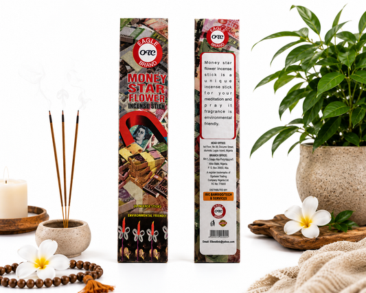 Money Star Flower incense sticks, two boxed packs with loose incense sticks and ash dish