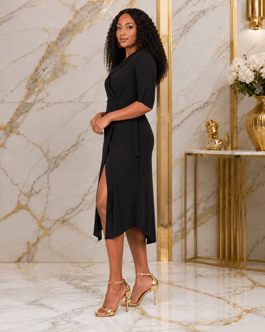 Elegant High-Low Wrap Midi Dress with Tie Waist & Pockets – Women's 3/4 Sleeve Casual Dress - Midi Dresses - Cherubim Aura