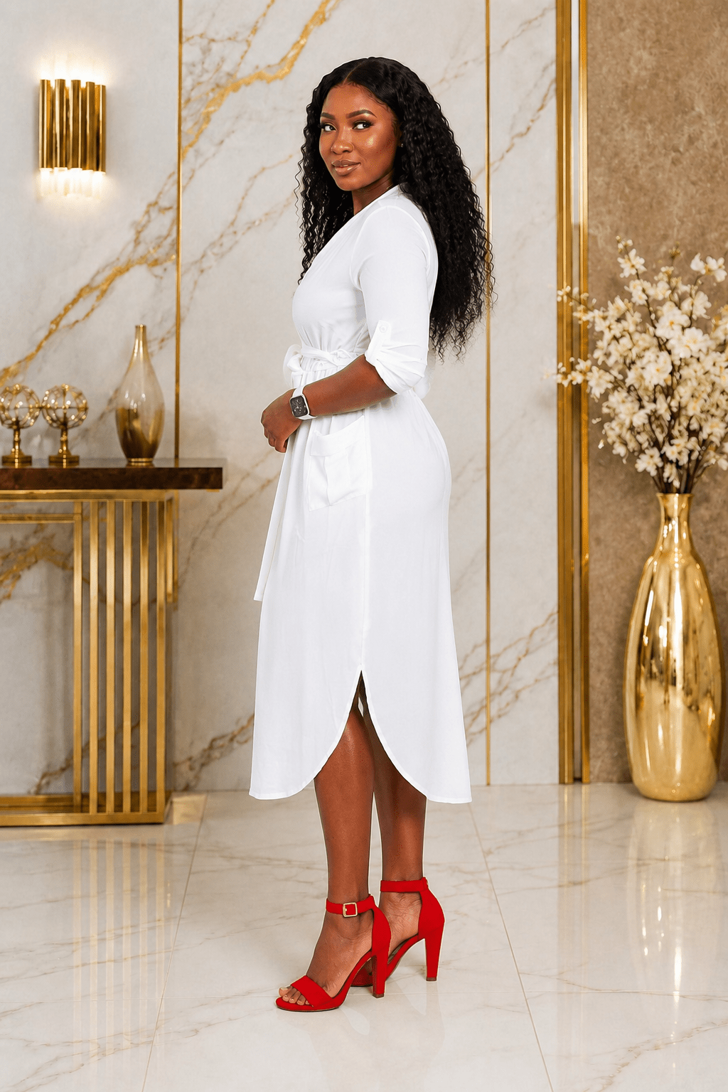 Elegant High-Low Wrap Midi Dress with Tie Waist & Pockets – Women's 3/4 Sleeve Casual Dress - Midi Dresses - Cherubim Aura