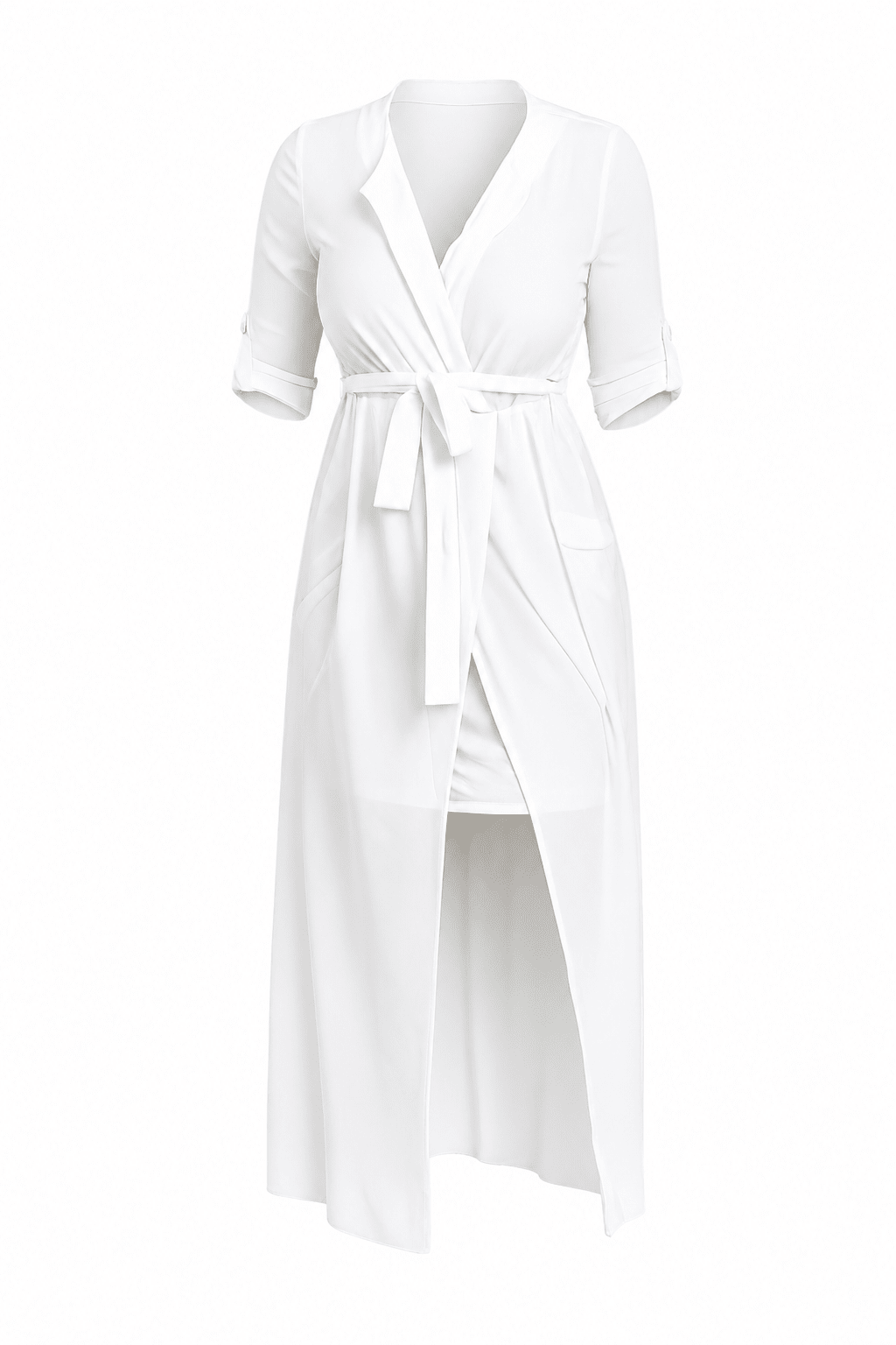 Elegant High-Low Wrap Midi Dress with Tie Waist & Pockets – Women's 3/4 Sleeve Casual Dress - Midi Dresses - Cherubim Aura