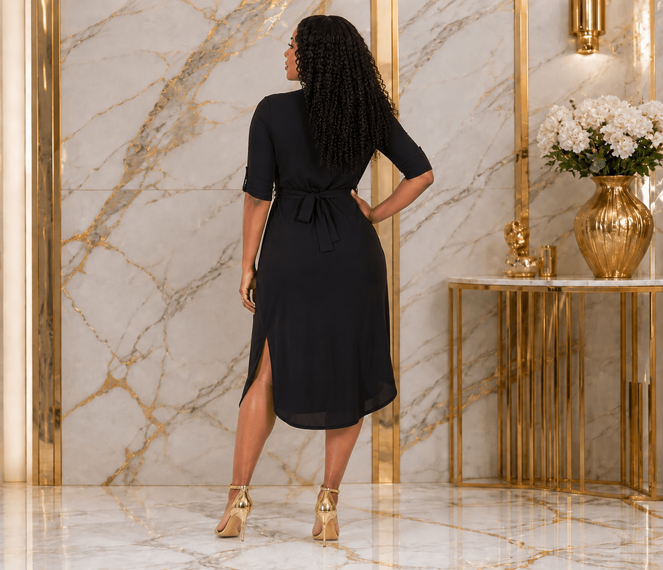 Elegant High-Low Wrap Midi Dress with Tie Waist & Pockets – Women's 3/4 Sleeve Casual Dress - Midi Dresses - Cherubim Aura