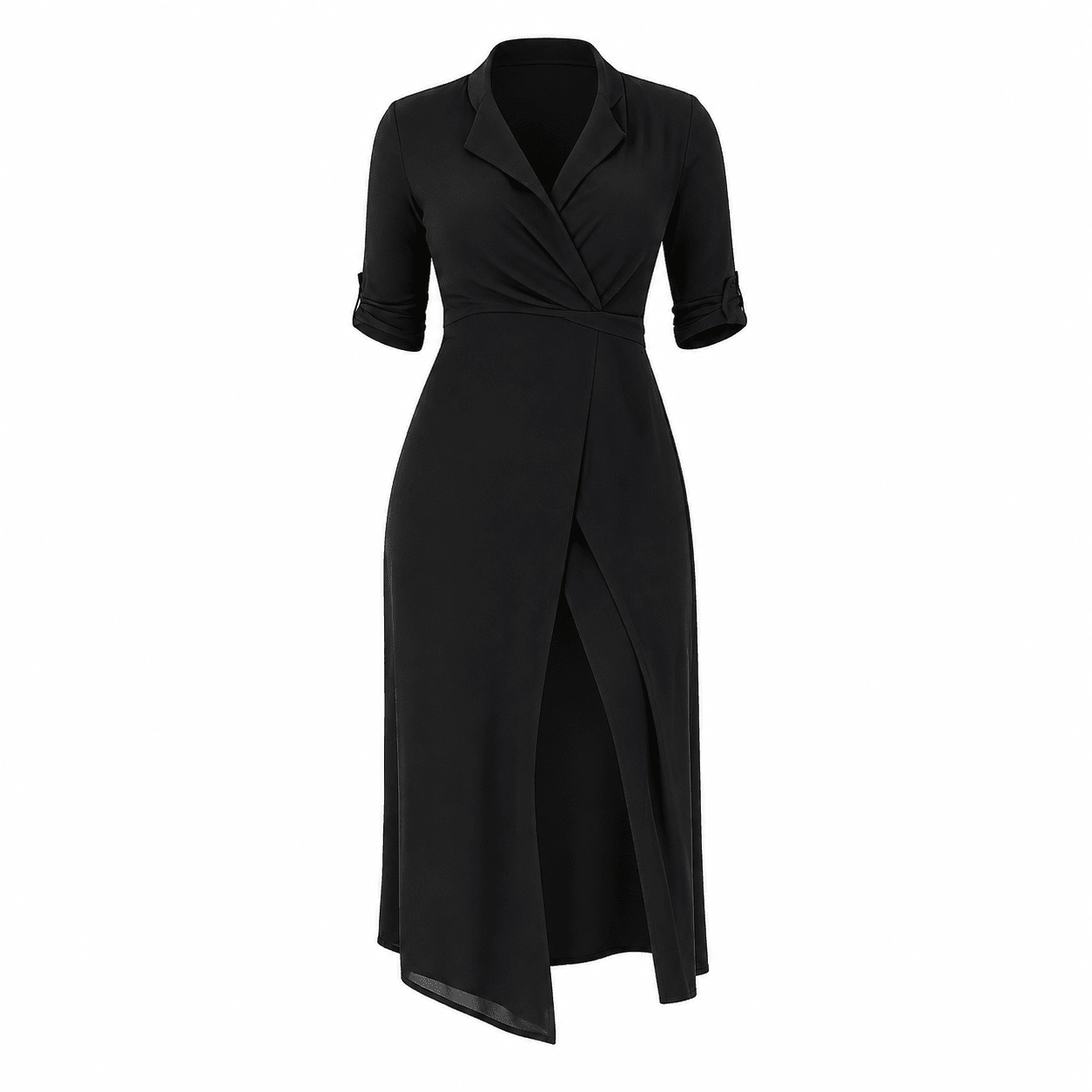 Elegant High-Low Wrap Midi Dress with Tie Waist & Pockets – Women's 3/4 Sleeve Casual Dress - Midi Dresses - Cherubim Aura