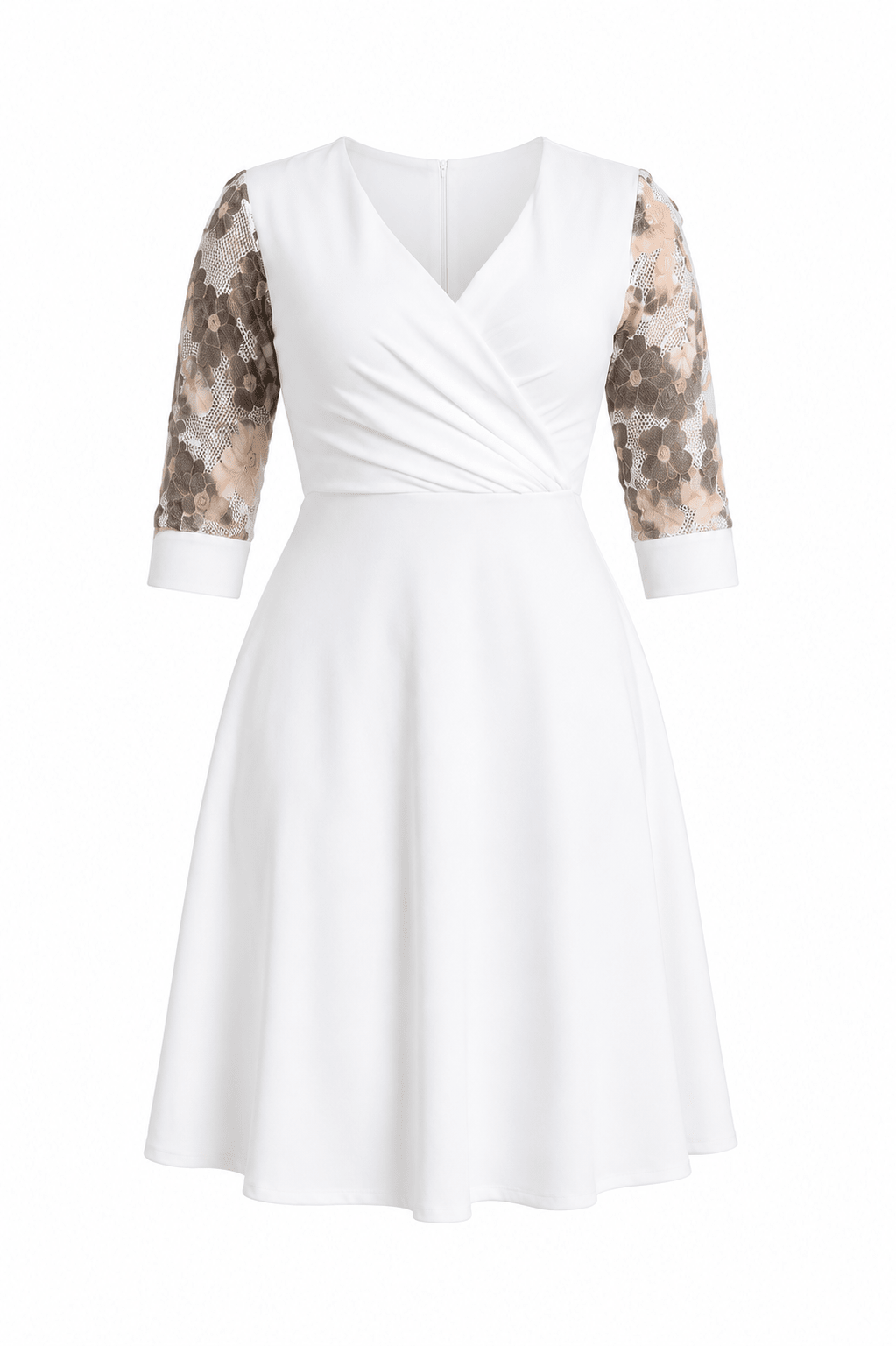 Elegant White Floral Mesh Sleeve Fit & Flare Midi Dress – Women's V-Neck Occasion Dress - Midi Dresses - Cherubim Aura