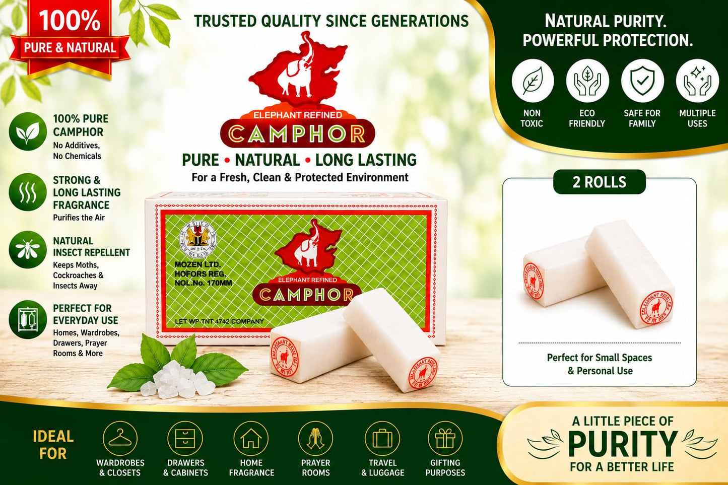 A promotional product graphic for Elephant Refined Camphor, showing the branded box in the center, two rolled camphor sticks beside it, and marketing text panels on a light green background. The product is presented as the item being sold, with packaging and product visible, so subject_type is Product/Packaging rather than auxiliary.