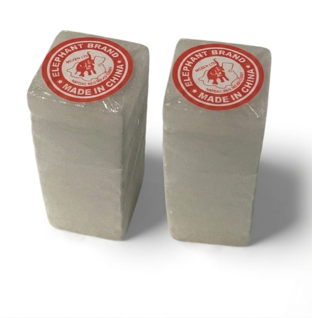 Two rectangular gray blocks wrapped in clear plastic, each topped with a red circular label reading Elephant Brand Made in China, on a white background.