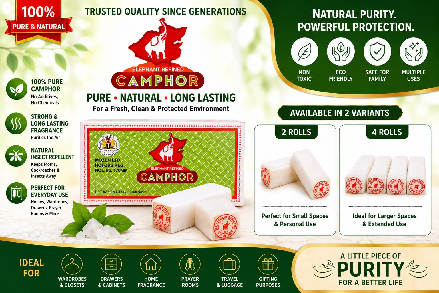 A promotional product graphic for Elephant Repelled Camphor pure insect repellent. The image features a central package of green and red camphor rolls, flanked by illustrations of white camphor sticks.