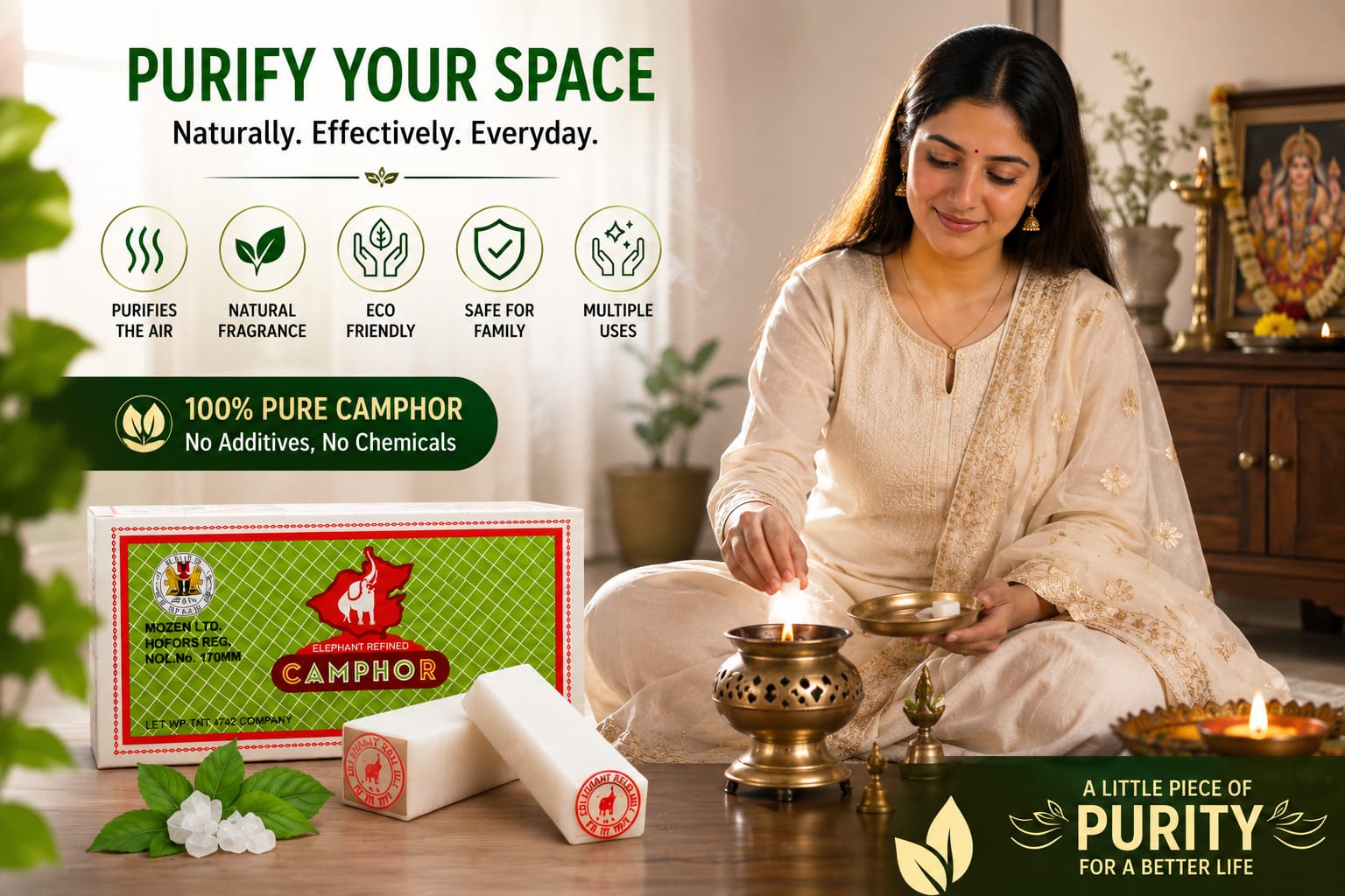 A woman in a cream traditional outfit sits cross-legged on a wooden floor in a warmly lit room, holding a brass oil lamp and a brass tray. In the foreground, a box and two wrapped camphor sticks are displayed alongside green leaves and white flowers.