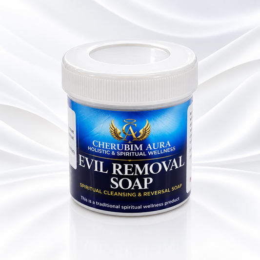 A white plastic jar of Cherubim Aura Evil Removal Soap with a blue and white label, set against a white satin fabric background.