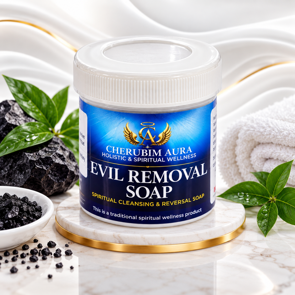 A jar of Cherubim Aura Evil Removal Soap stands on a white marble coaster with a gold rim, surrounded by spa-style props including green leaves, black stones, a small dish of dark crystals, and white fabric in the background.