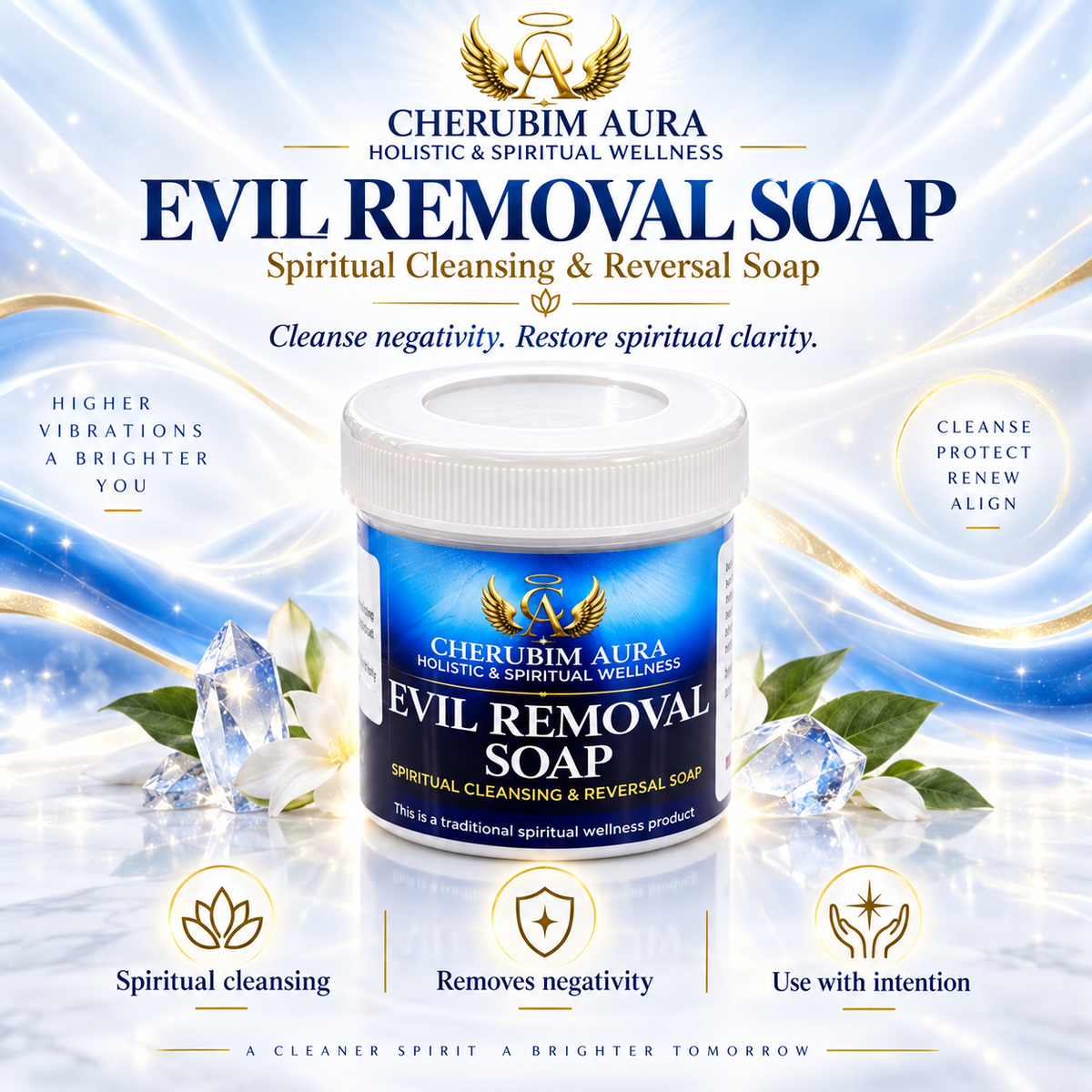 A jar of Cherubim Aura Evil Removal Soap centered on a decorative promotional background with blue and white light effects, crystals, leaves, and text describing spiritual cleansing and reversal benefits.